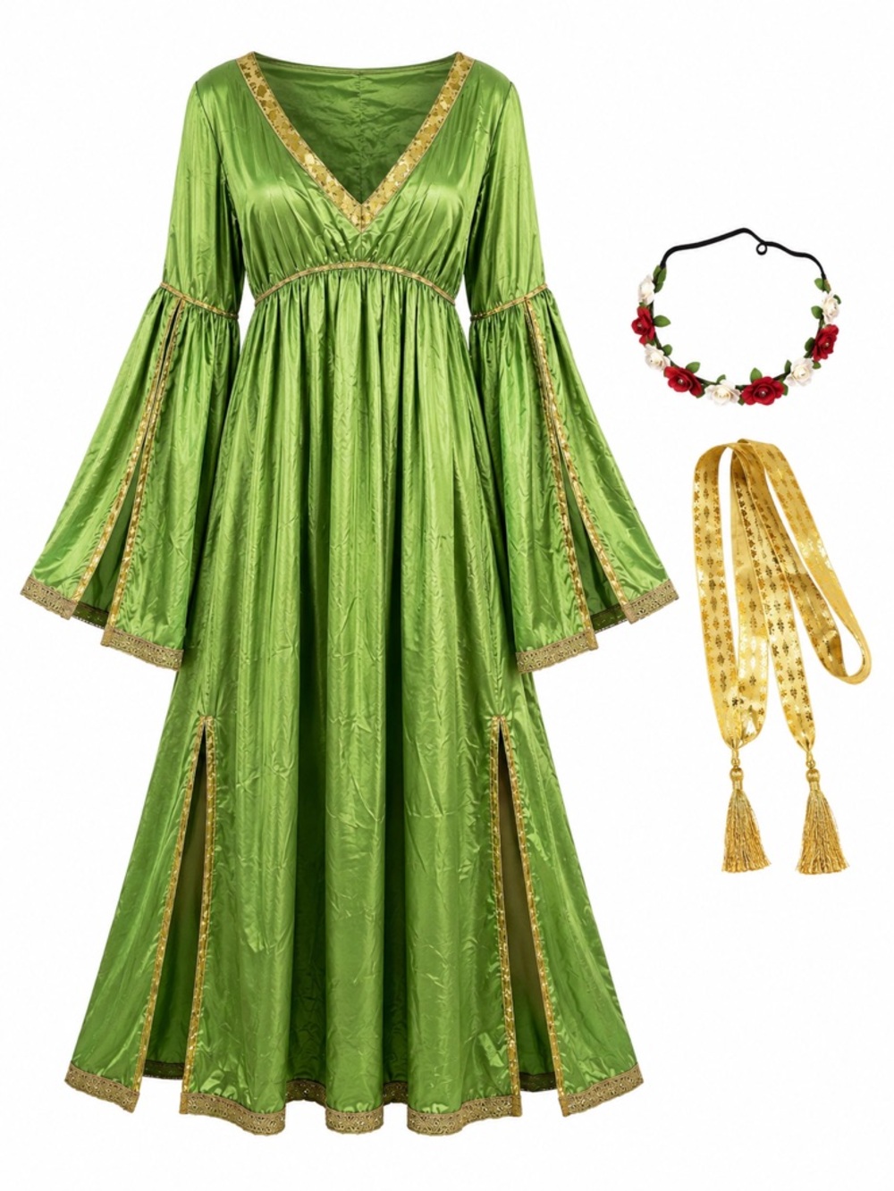 New - Green Medieval Bell-Sleeve Maxi Dress with Gold Trim | Size Medium